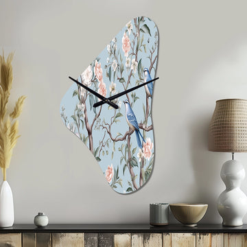 Chinoiserie With Birds and Peonies XI - Asymmetric Metal Wall Clock